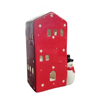 Decorazione Portacandela Casetta T.Light con Pupazzo di Neve TOGNANA Rosso 17 cm