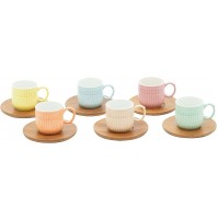 Tazzine Caffè Set per 6 Persone FUNNY in Ceramica Tazze Servizio Piattino Bamboo